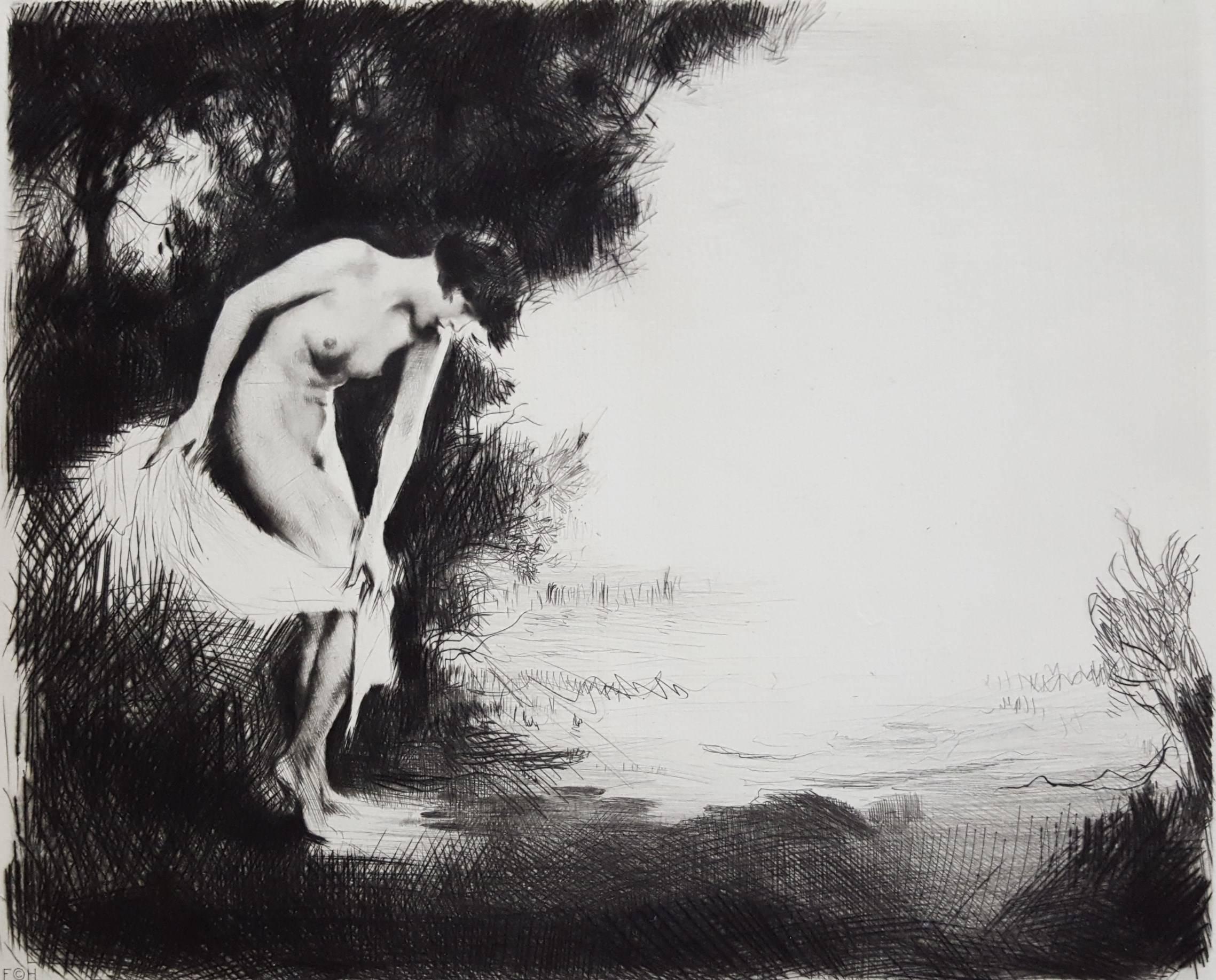 Nymph is nude in water